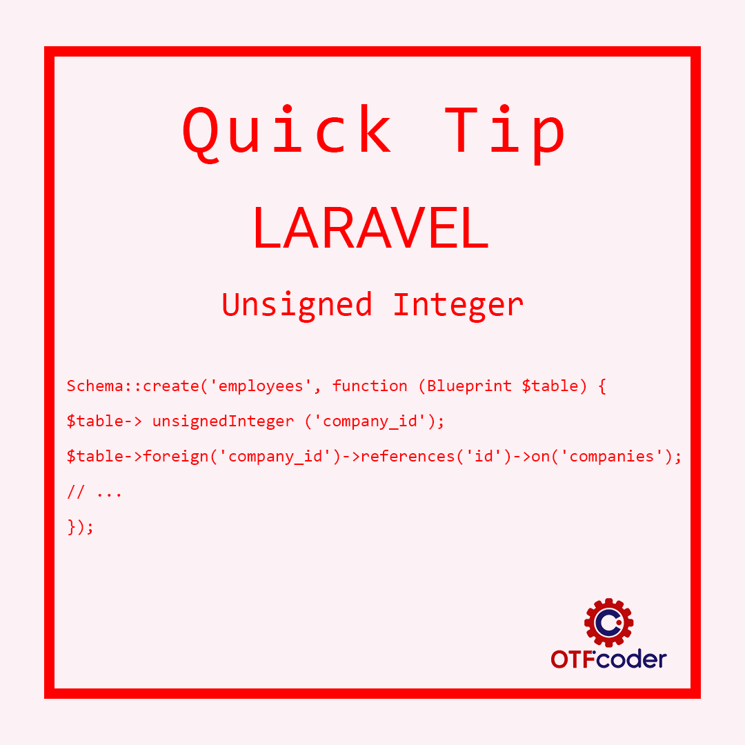 OTFCoder's tweet image. #Laravel Tip for the Day...

𝗨𝗻𝘀𝗶𝗴𝗻𝗲𝗱 𝗜𝗻𝘁𝗲𝗴𝗲𝗿

Follow us on Facebook, Instagram, LinkedIn, Pinterest, Tumblr, And Twitter...for more Tips and Updates.

#unsignedinteger #unsigned #integer #laraveldevelopers #laraveltips #laravelphp #php #programming #otfcoder