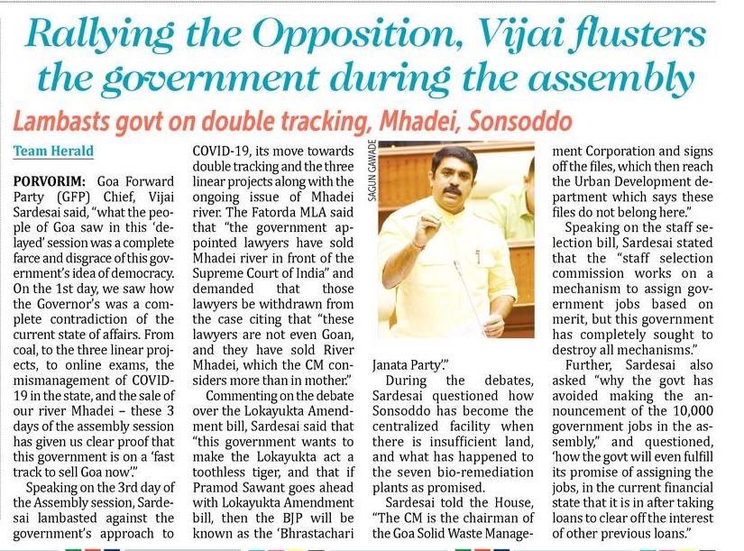 Goaforwardparty's tweet photo. Despite making a mockery of democracy by stalling and dodging debate in the #Assembly, the guilty @DrPramodPSawant’s govt could not intimidate @VijaiSardesai from raising #Mhadei, #COVID19, #Lokayukta, #LinearProjects, #Sonsoddo, #StaffSelectionBill, #Tourism, on behalf of #Goa! https://t.co/lw2WYkrnLv