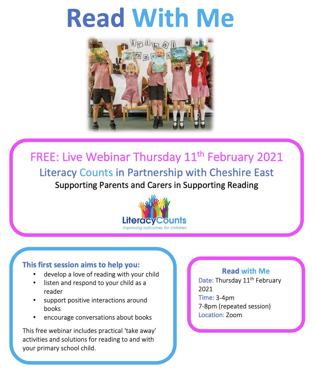 FREE WEBINAR - READ WITH ME
FOR PARENTS &amp; CARERS 11th FEB
3pm-4pm 
zoom.us/j/91478883218?…… 
Meeting ID: 914 7888 3218 
Passcode: 777418
7pm-8 pm (Repeated)
zoom.us/j/97442367663?…… 
Meeting ID: 974 4236 7663 Passcode: 489265