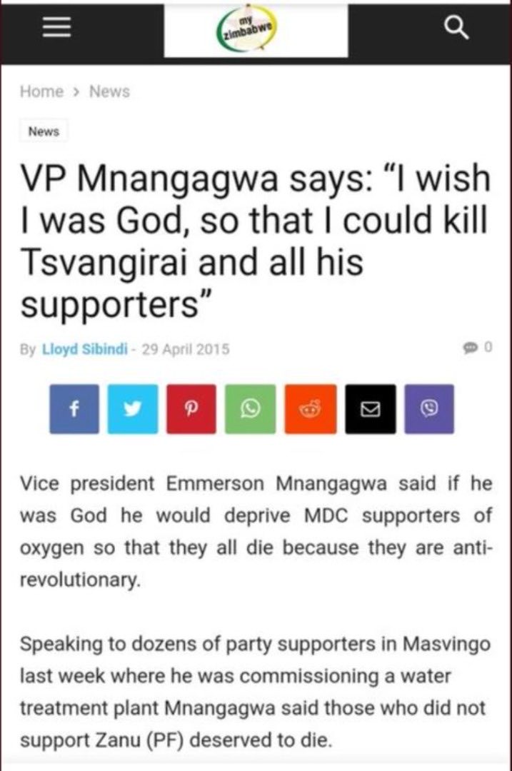 Mnangagwa himself publicly said if he was God he would “switch off the oxygen” for opposition supporters. That is not the language of a decent man, let alone the president of a nation. It is outrageous that such a callous regime actually expects condolences from its victims. 8/