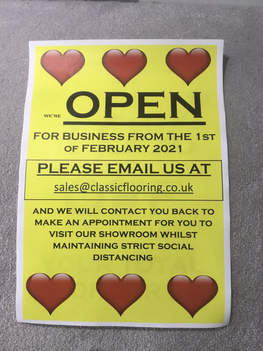 ***BREAKING NEWS***  We’re open by appointment only, and with strict social distancing in place, from 1st February.  #pangbourne #goring #woodcote #tidmarsh #purley #tilehurst #whitchurch #streatley #cholsey #carpet #flooring #berks #oxon #lvt #vinyl