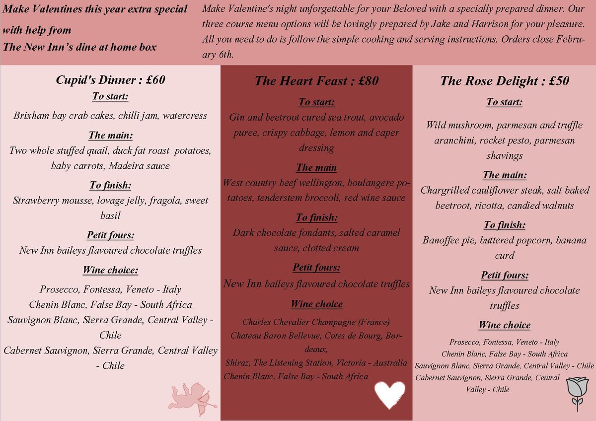 Why not make 💕Valentine's night unforgettable for your beloved or for the household with a specially prepared dinner? Our three course menu options will be lovingly prepared by Jake and Harrison for your pleasure. For details call 01823 432352 newinnhalse.com #delicious