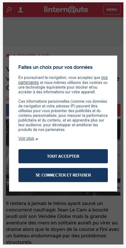 Ca va <a href="/LInternauteInfo/">Linternaute.com</a>, on se met bien là ?
"Soit t'acceptes tous les cookies, toi tu refuses mais tu nous files ton mail. Alors ??? hein tu choisis quoi ???"
Jolie interprétation de la #RGPD en tout cas. Je vous mets la note de 8/10 pour le style.