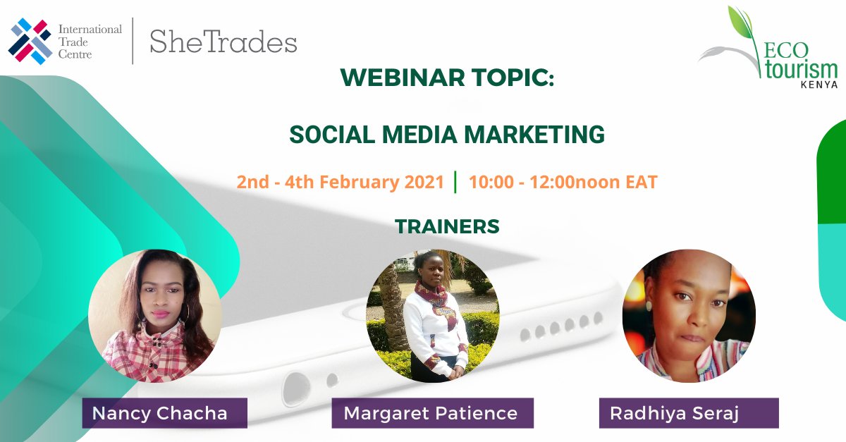 ecotourismkenya's tweet photo. The @ITCnews -#SheTrades and @ecotourismkenya digital marketing training for tourism businesses is BACK!

We resume on the 2nd of February 2021 with the 3rd topic: Social Media Marketing! 

We can't wait to e-meet you again😊😊 #touroperators #ecotourism #digitalmarketing https://t.co/ESO2wjINyr