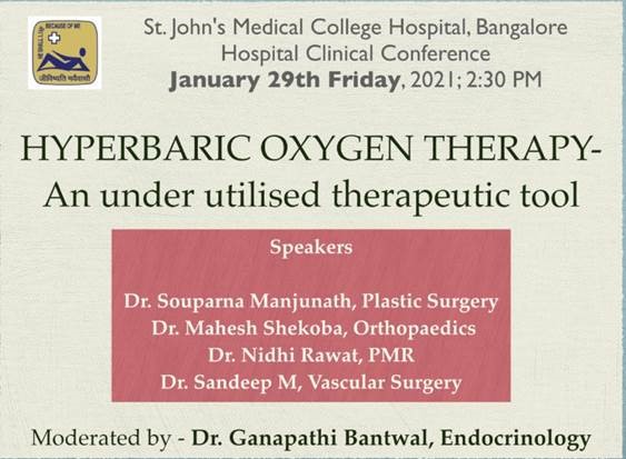 StJohns_Blr's tweet photo. Friday Hospital #ClinicalConference Jan 29, 2:30 pm on #HyperbaricOxygenTherapy: An underutilized therapeutic tool.
Speakers: Dr S. Manujanth #PlasticSurgery, Dr M. Shekoba #Orthopaedics, Dr N. Rawat #PMR, Dr Sandeep M #VascularSurgery.
Moderator: Dr G. Bantwal #Endocrinology https://t.co/EzaVb9APKA