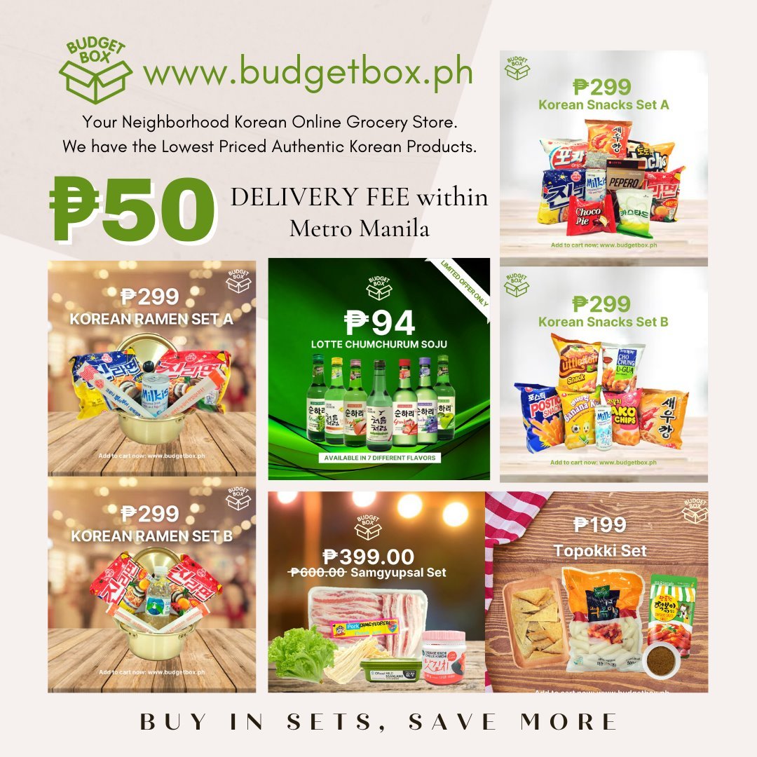 BudgetBoxPH's tweet photo. Buy in Sets, Discounted Items and Get more Savings.

Take advantage of these Korean Product Sets and Lowest Priced Soju at https://t.co/YRwwTrMSIh

📦 FREE DELIVERY for a minimum spend of P899

#BudgetBoxPH #BudgetBox #KoreanFood #KFood #Soju #Samgyupsal #Topokki #Ramen https://t.co/xBvKxvW6qI