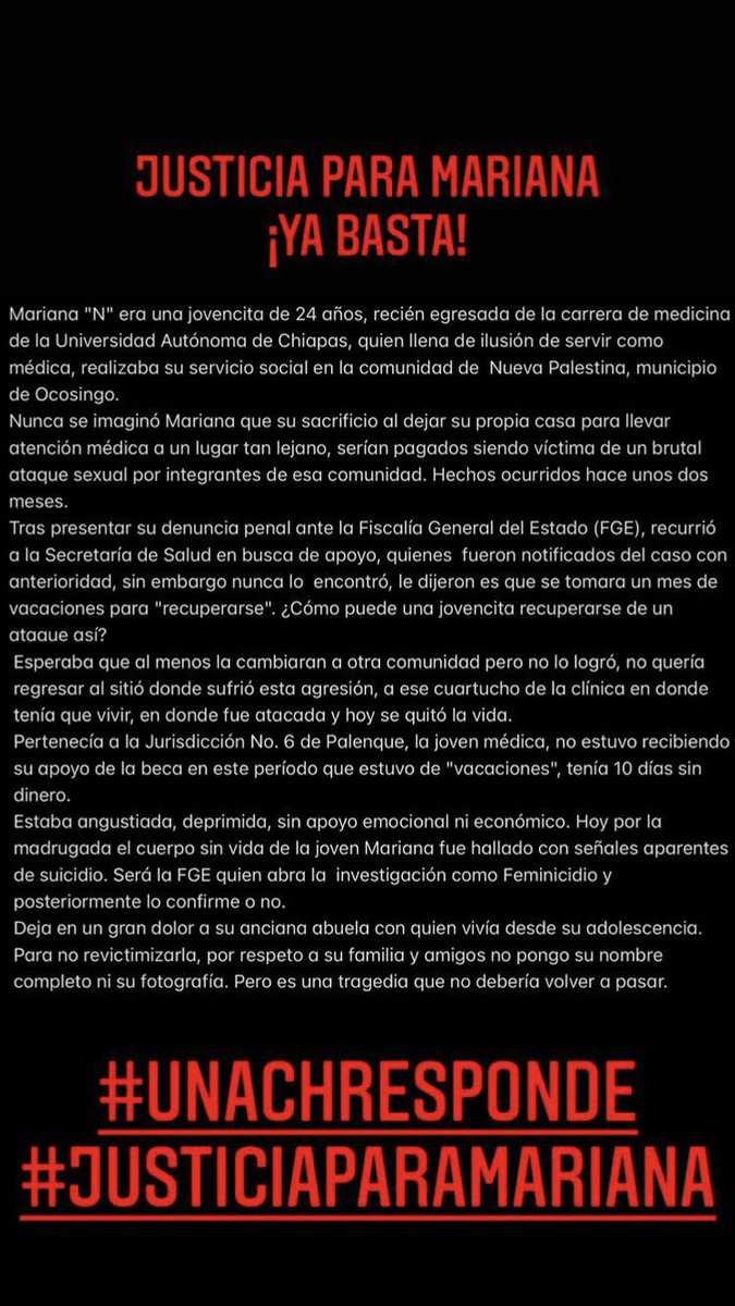 EnarmPara's tweet image. Perdimos hoy a una estudiante, pasante del servicio social, médico. Es muy lamentable. 
Favor de compartir y si está dentro de sus posibilidades, donar 🙏🏼

#UNACHRESPONDE #JUSTICIAPARAMARIANA