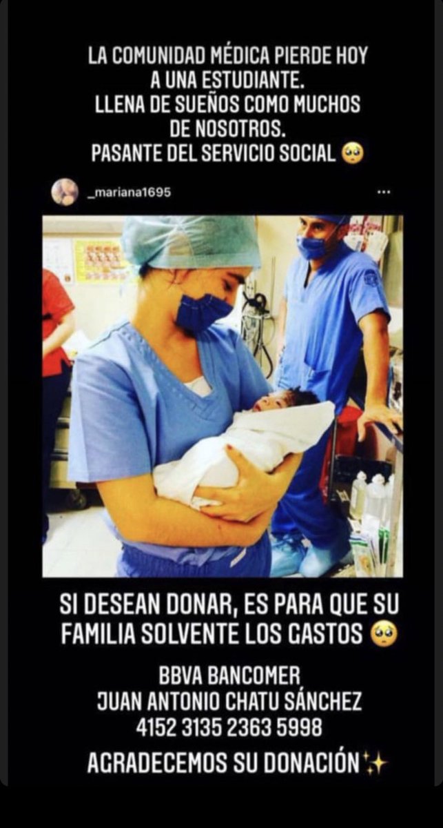 EnarmPara's tweet image. Perdimos hoy a una estudiante, pasante del servicio social, médico. Es muy lamentable. 
Favor de compartir y si está dentro de sus posibilidades, donar 🙏🏼

#UNACHRESPONDE #JUSTICIAPARAMARIANA