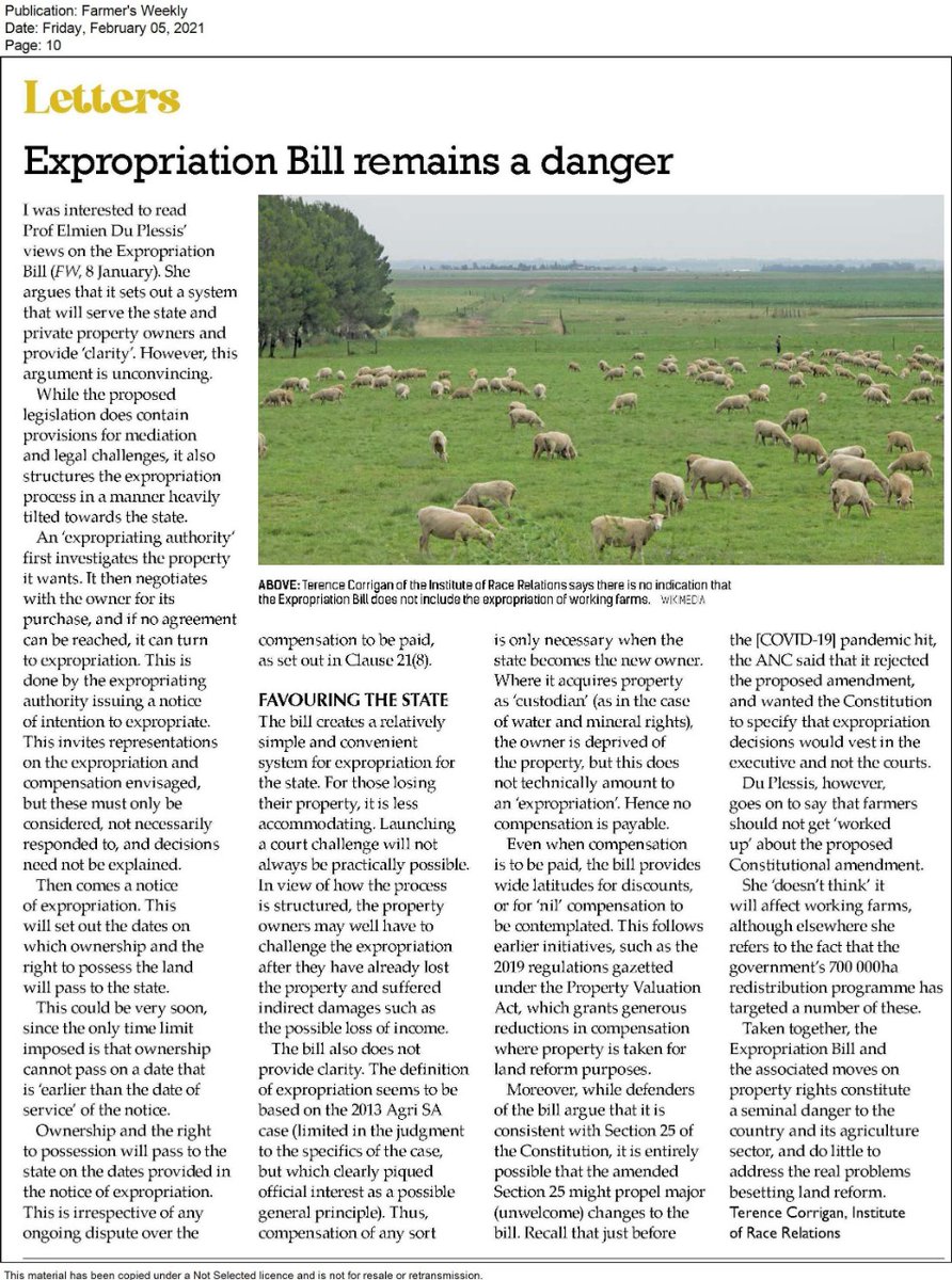 IRR_SouthAfrica's tweet image. 🗞 Today in @FarmersWeeklySA:

"The [Expropriation] bill creates a relatively simple and convenient system for expropriation for the state. For those losing their property, it is less accommodating." - Terence Corrigan

#StopEWC