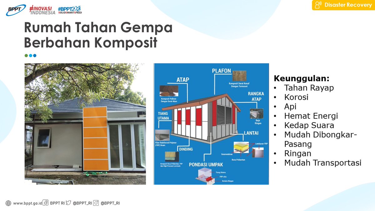 BPPT_RI's tweet photo. Dalam hal tanggap bencana dan paska bencana, BPPT telah melakukan inovasi seperti Arsinum, Biskuneo, Rumah Tahan Gempa, hingga kaji cepat ketika terjadi berbagai bencana https://t.co/sAuuFHIPBW