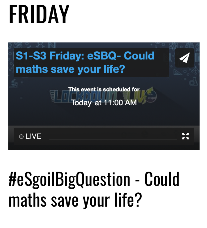 eSgoil's tweet photo. TODAY ON LOCKDOWN LIVE

What a fantastic week we've had. Hope you've enjoyed our sessions too. 

3 great sessions today:

10AM: P2-7 Learning Space sharing session
11AM: S1-3 Could maths save your life?
2PM: S4-6 Routes &amp; Pathways with @skillsdevscot 

https://t.co/Vr3ikAq7S6 https://t.co/aVsZzcdyNN