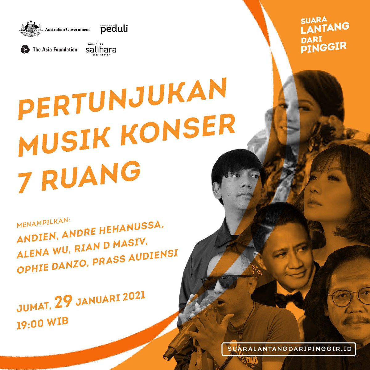 programpeduli's tweet photo. Malam ini jam 7 WIB! Konser 7 Ruang: Suara Lantang dari Pinggir menampilkan @andienaisyah @Alena_Wu @Andrehehanussa @RianEkkyP Ophie Danzo, Prass Audiensi. Daftar segera di https://t.co/U7Jugs1pui 
#IDInklusif https://t.co/sFAzyNtDP0
