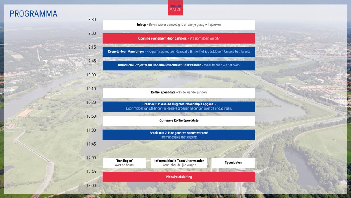 projectmatch_nl's tweet photo. Tijdens Project Match - Uiterwaarden kan jij op zoek naar een geschikte match voor het onderhoudscontract uiterwaarden. Hoe gaan we dat doen? Bekijk hieronder het programma 👇 https://t.co/f00CQzFXZs