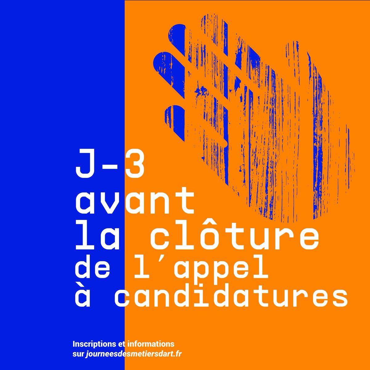(J-3) (APPEL À CANDIDATURES)

Les #JEMA2021, une édition pleine de surprises et riches en animations qui vivra en physique et en digital ! 👋

Il vous reste encore 3 jours pour déposer votre candidature !
- journeesdesmetiersdart.fr/professionnels
- (Lien en bio).