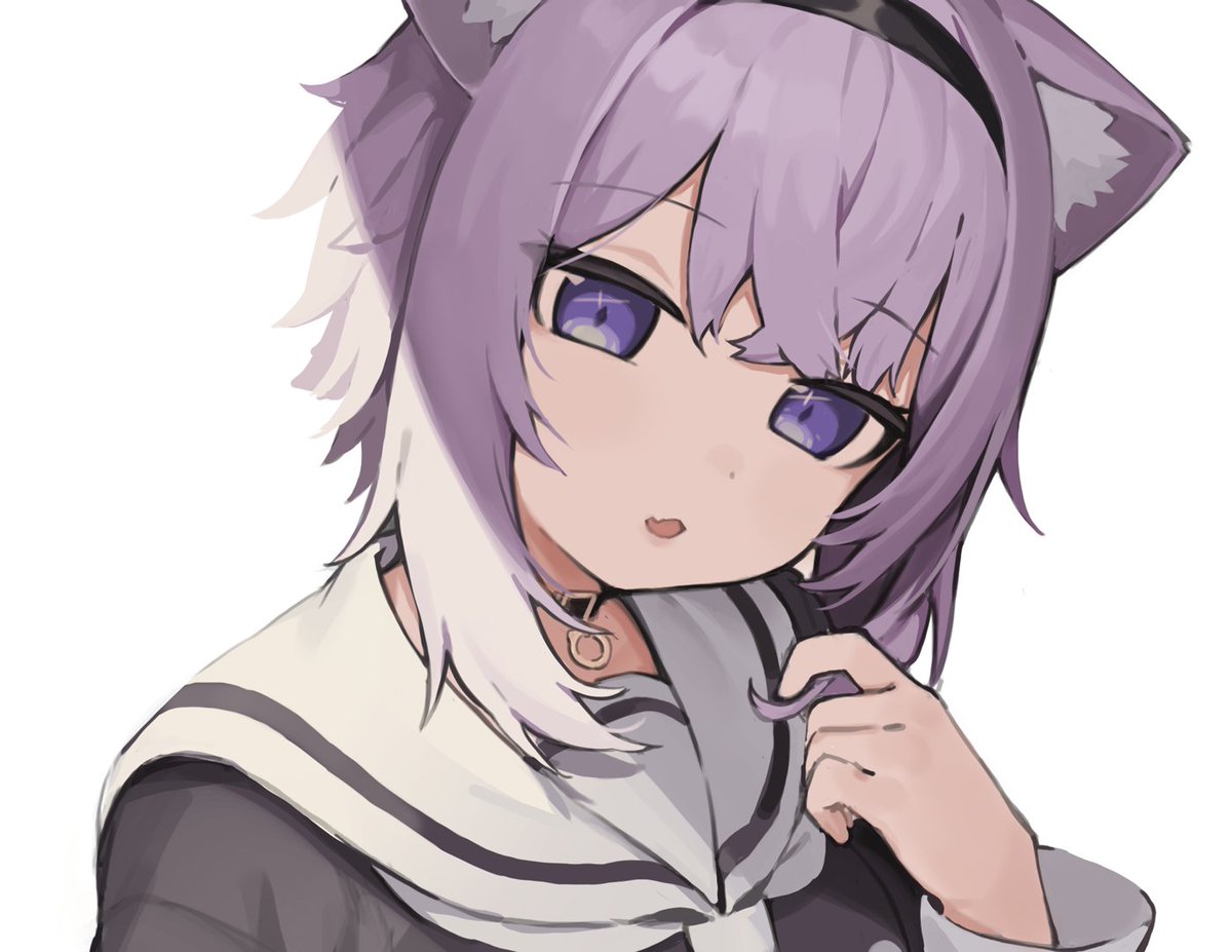 nekomata okayu 1girl animal ears solo cat ears purple hair purple eyes white background  illustration images