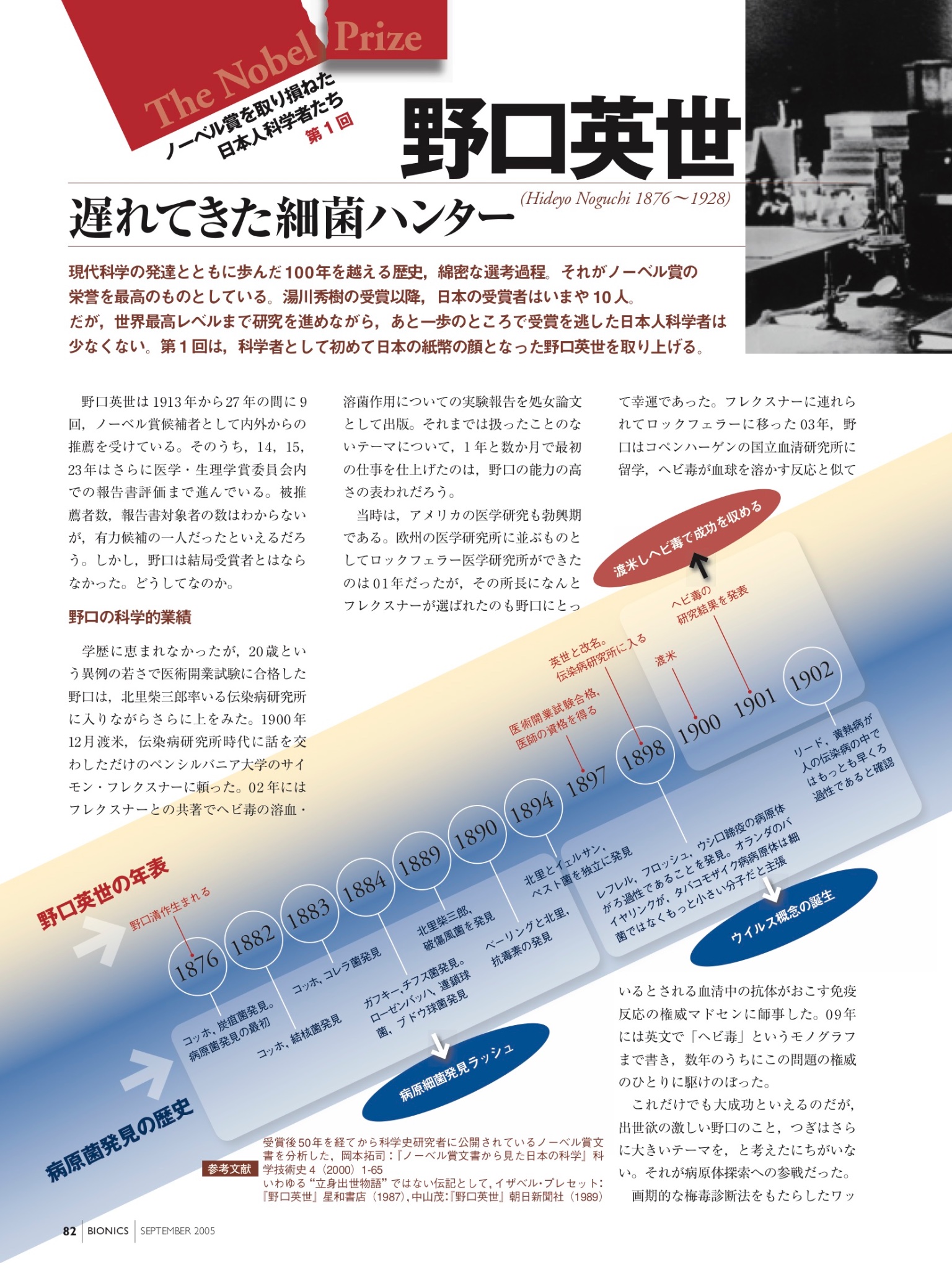 内村直之 05年に書いた ノーベル賞を取り損ねた日本人科学者たち という連載の第１回は野口英世でした ちょうど 彼の顔が載ったお札が04年に発行されています 先日のnhkの番組とこの年表を照らし合わせるとよくわかるでしょう 当時 医学はドイツ