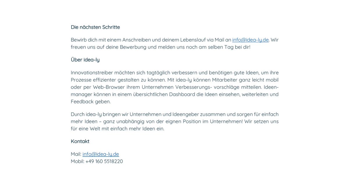 Idea-ly (@idea_lyde) on Twitter photo Unser junges Startup sucht einen motivierten Praktikanten (m/w/d) für unsere offene Stelle im Bereich Sales!
Dich spricht die Stelle an?-Dann schick uns dein Anschreiben und deinen Lebenslauf per an info@idea-ly.de😊
#praktikum #work #startup #homeoffice Unser junges Startup sucht einen motivierten Praktikanten (m/w/d) für unsere offene Stelle im Bereich Sales!
Dich spricht die Stelle an?-Dann schick uns dein Anschreiben und deinen Lebenslauf per an info@idea-ly.de😊
#praktikum #work #startup #homeoffice