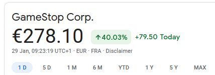 wsbmod's tweet photo. In Europe - where individual investors have not been restricted from trading on the free market - GameStop opened up 40% today https://t.co/a5pWBCzBUy