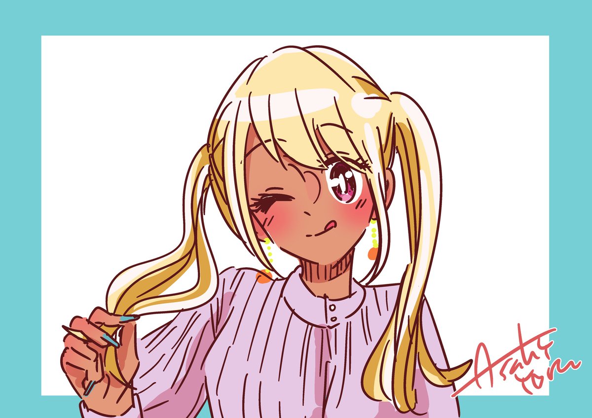 1girl blonde hair twintails solo one eye closed dark skin tongue  illustration images