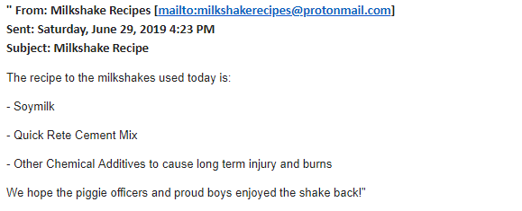 Email to police was sent from new email by someone acting like an antifascist activist. 1.That would never happen 2.Sugar interrupts the setting process of concrete 3.Noone got sick from drinking concrete 4. No physical evidence found supporting claim 2/