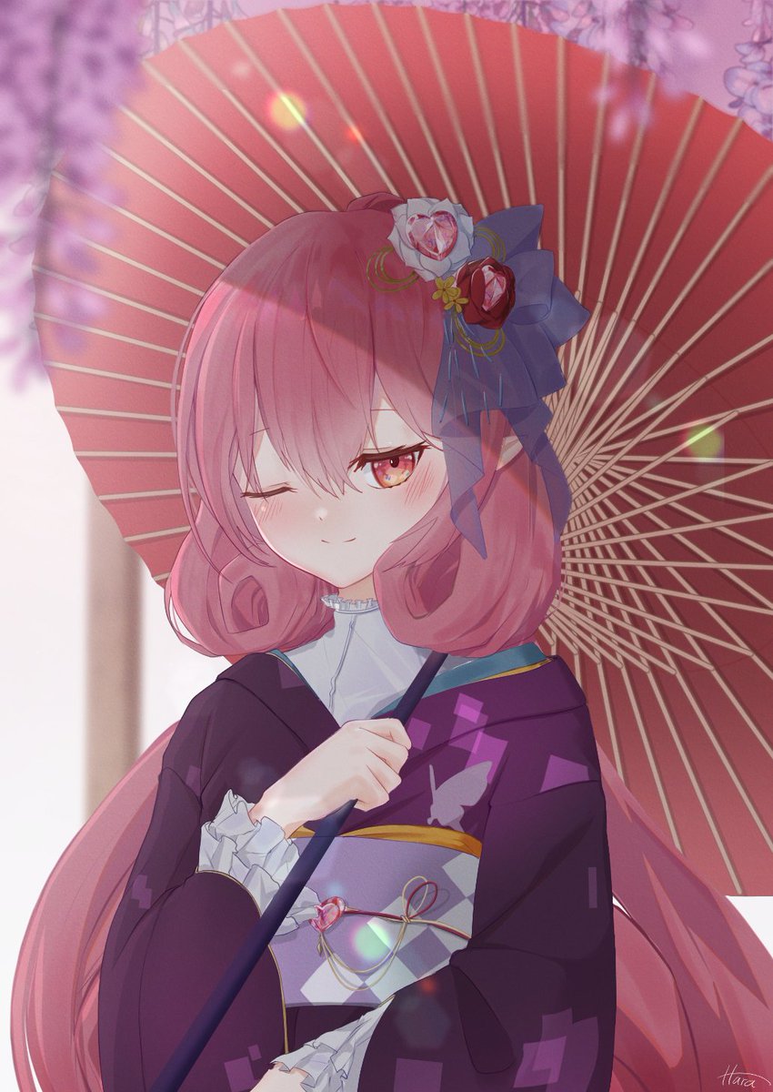 1girl solo umbrella pink hair one eye closed japanese clothes kimono  illustration images