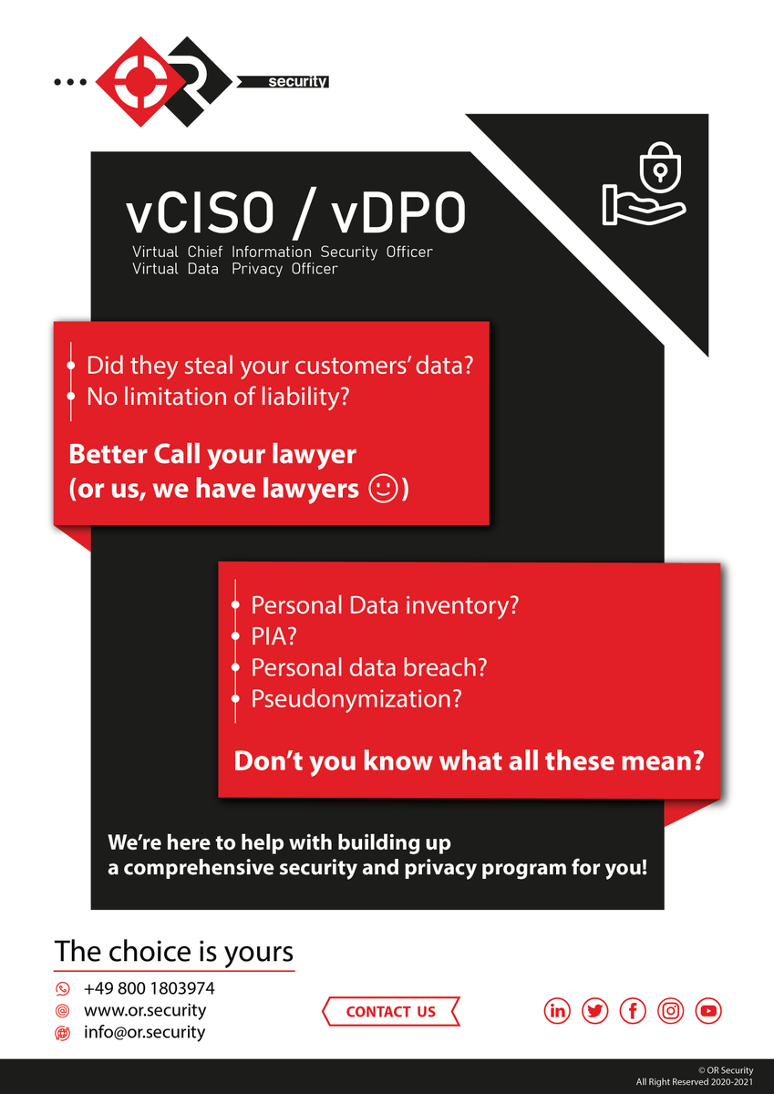 0rs's tweet photo. ⚠️Worried about security & privacy? You should! Don't be 2 steps behind the bad guys! ⚠️
✅Our virtual Chief Information Security Officer and virtual Data Protection Officer services can help in reducing risk and cost. ✅
#CISO #DPO #ORsecurity #InformationSecurity #CyberSecurity https://t.co/v5rj4vmLcJ