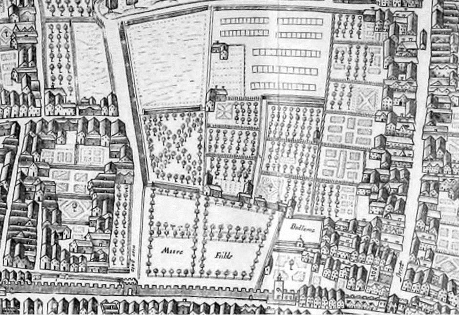 The gardens were part of lower Moorfields a marshy patch of land drained between 1605-1607. By the time of Faithorne’s map (1658) a “noisome and offensive place crossed with deep stinking ditches” was transformed into a tree-lined fashionable spot. 2/9