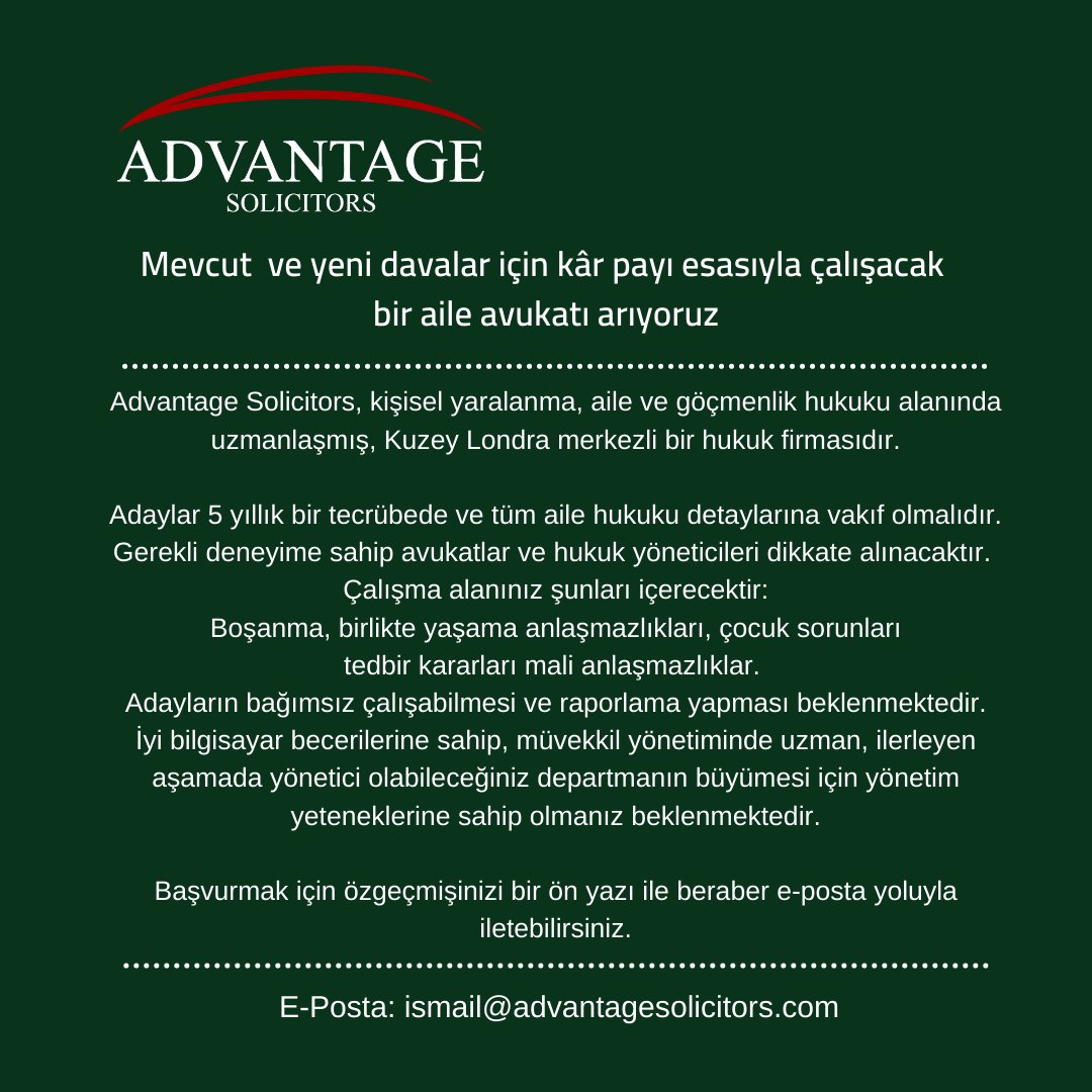 AdvantageSo's tweet photo. -İş İlanı-

Aile Hukuku
Devir ve temlik
Kişisel yaralanma
Davalarında uzman avukatlar arıyoruz.

Başvuru:

ismail@advantagesolicitors.com https://t.co/FWys5Wl0d9