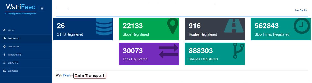 WatriFeed GTFS Manager (watrifeed.ml) totalise à ce jour :
-26 GTFS crées
-22133 Stops
-916 routes
-30073 Trips
-562843 stops times
-888303 shapes
#Transport #Mobility  #OpenData  #TransportData
#Maas #Afrique #GTFS