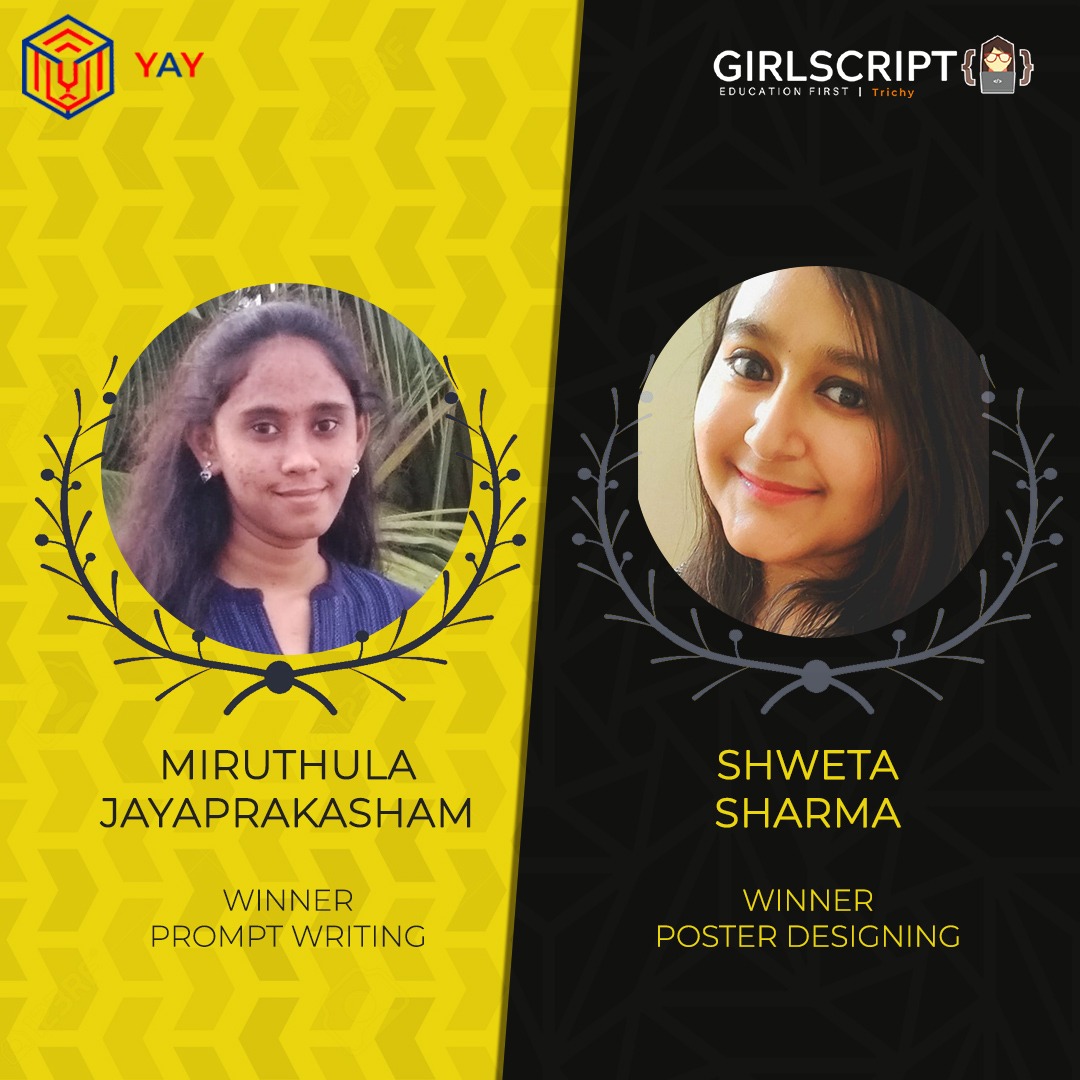 GirlscriptT's tweet image. GirlsScript Trichy conducted prompt writing and poster designing contests on January 10th
We are delighted to finally announce Miruthala Jayaprakasham and Sweta Sharma as the winners.

Best prompt:bit.ly/2MaVK2Q
Best poster:bit.ly/36n6l1o
#girlscript #contests
