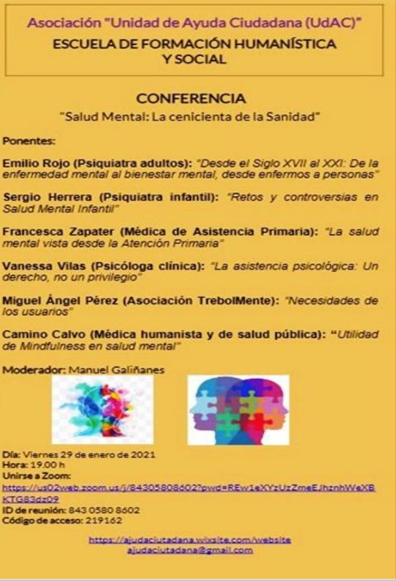 SEPC_ANPIR's tweet photo. Hoy podréis ver y escuchar a nuestra vicepresidenta @Vilas_Riotorto como ponente en la conferencia #SaludMental: La cenicienta de la #Sanidad organizada por la asociación 'Unidad de Ayuda Ciudadana' #UdAC

Más información y enlace a Zoom aquí: https://t.co/S308kPZvR7 https://t.co/8NmFVGRf30
