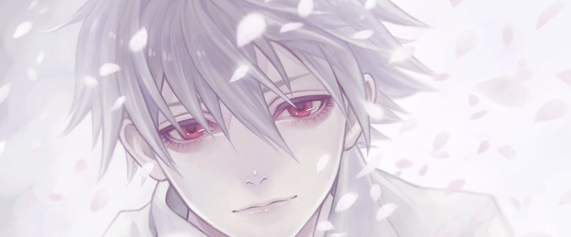 nagisa kaworu 1boy male focus solo red eyes petals looking at viewer hair between eyes  illustration images