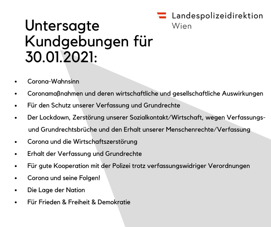 LPDWien's tweet photo. Für das Wochenende wurden 17 #Versammlungen angezeigt. Vorwiegend handelt es sich dabei um Kundgebungen gegen Corona-Maßnahmen. Nach der durch die LPD Wien, als Versammlungsbehörde, vorzunehmende Abwägung, werden 15 angezeigte Kundgebungen gem. §6 Versammlungsg. untersagt. (1/2) https://t.co/VIZnS8mg0q