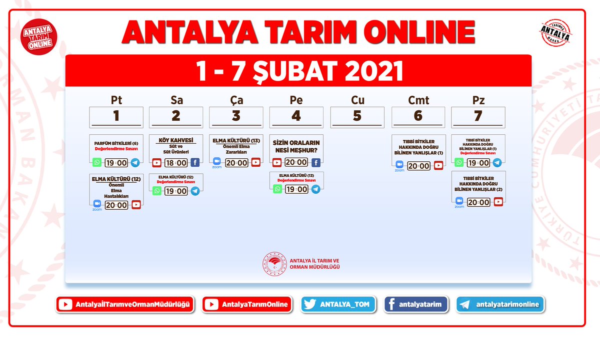 #AntalyaTarımOnline

Müdürlüğümüz Uzaktan Eğitim Faaliyetleri kapsamında 01-07 Şubat 2021 programımız

Güncel ücretsiz eğitimlerimize kayıt olmak için aşağıdaki linke tıklayınız;

docs.google.com/spreadsheets/d…

#GelecekTarımda

<a href="/gokhankaraca_/">Gökhan Karaca</a> <a href="/ersinyazici1/">Ersin YAZICI</a> <a href="/bekirpakdemirli/">Dr. Bekir Pakdemirli</a> <a href="/TCTarim/">T.C. Tarım ve Orman Bakanlığı</a>