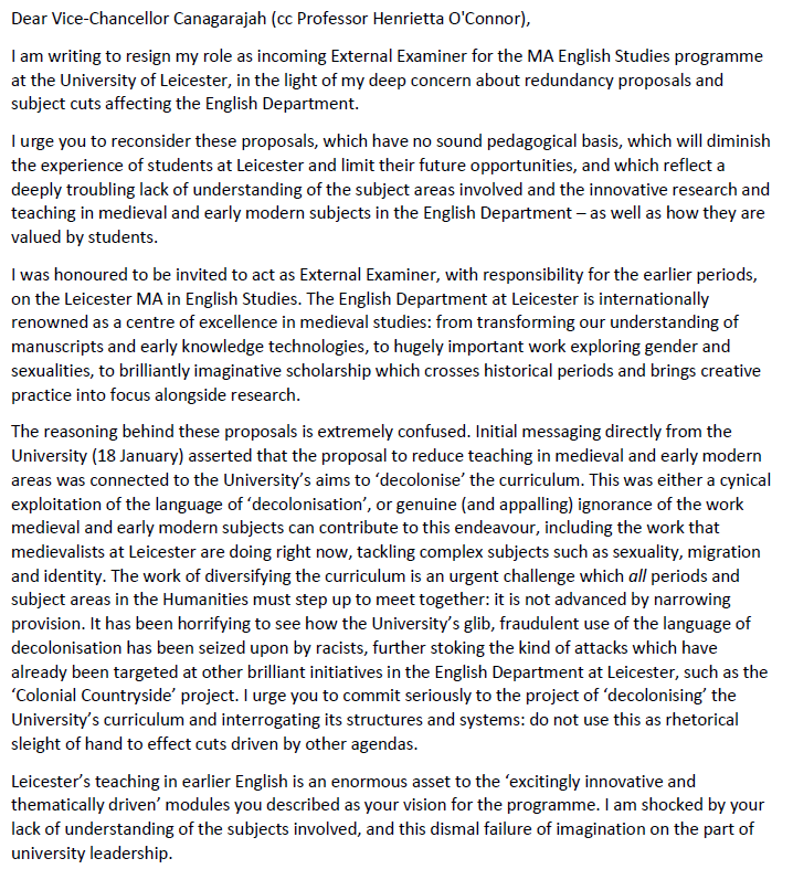 CathAMClarke's tweet photo. Today I have resigned as incoming External Examiner for the MA #English Studies @uniofleicester. https://t.co/uxwYixd868