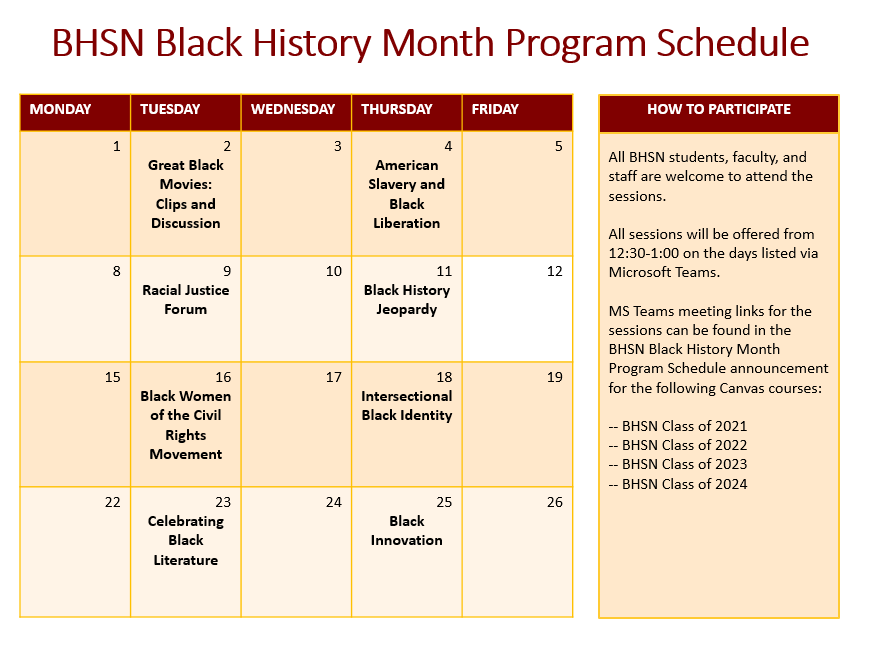 February is Black History Month, and North students will host eight sessions on topics related to history, identity, and justice.

Cougars, check out the schedule below for session topics and access live meeting links for each via your Canvas announcements. #NorthsideCougarPride