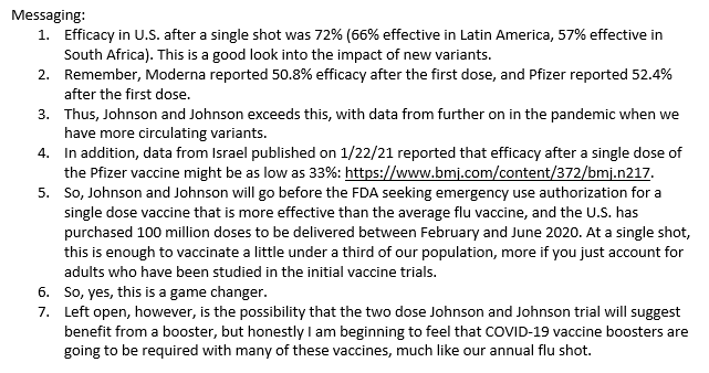 We are getting news today on the Johnson and Johnson vaccine: washingtonpost.com/health/2021/01…. A different headline focuses on severe infection: msn.com/en-us/health/m…. I am attaching a quick summary on how I am messaging about this vaccine to colleagues.