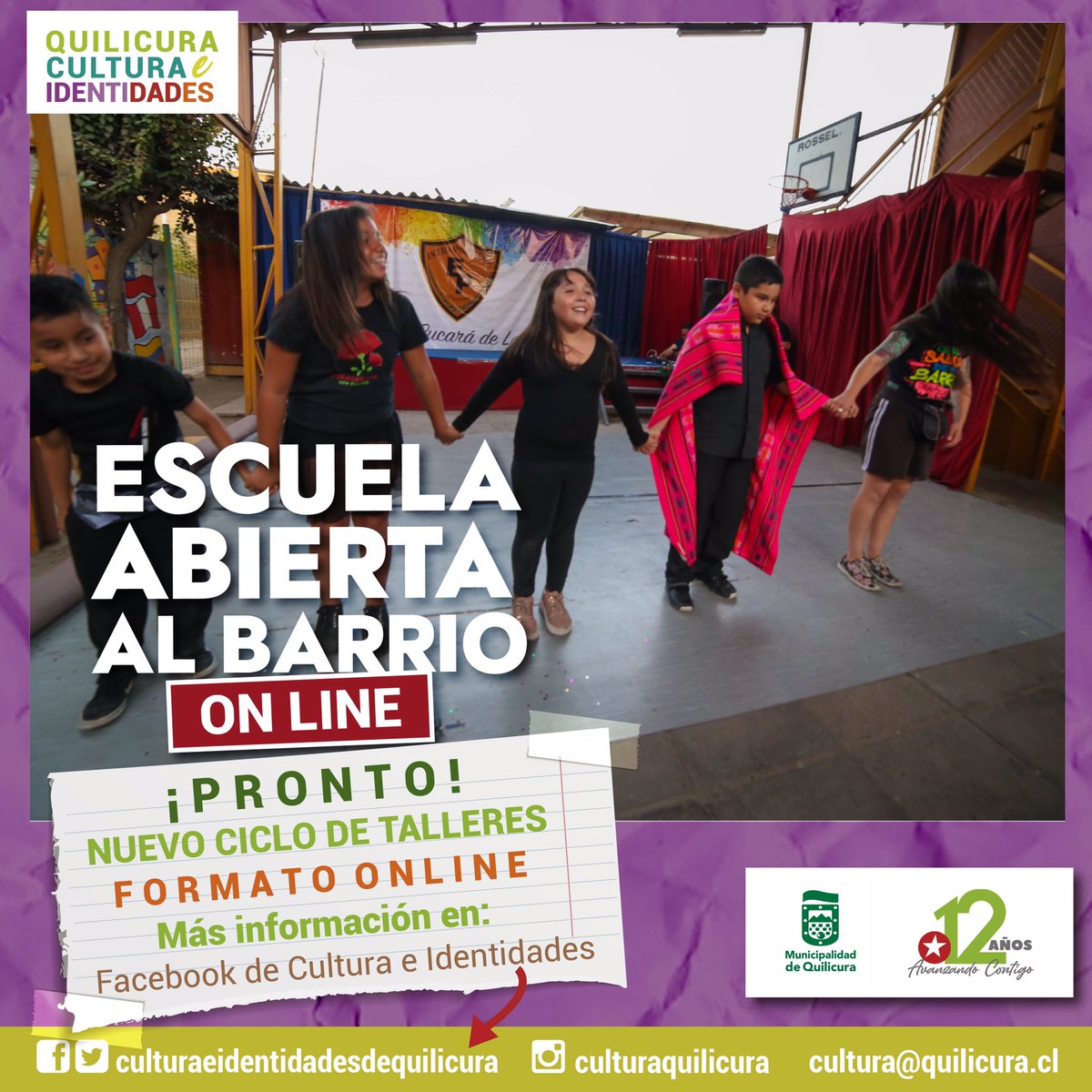CULTURAQUILCURA's tweet photo. Atención vecinas y vecinos... próximamente iniciaremos un nuevo ciclo del programa Escuela Abierta al Barrio, en formato online. Los invitamos a permanecer atentos a nuestras redes sociales, en los próximos días publicaremos la información en detalle. https://t.co/P1qZ5wu4kY