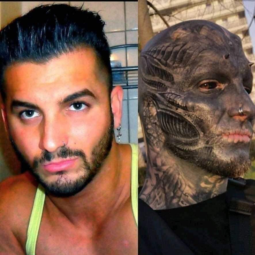 BastardZuma's tweet photo. A MAN has transformed himself into a 'black alien' by having his upper lip REMOVED after cutting off his nose and splitting his tongue.

Anthony Loffredo, 32, has also covered himself in tattoos and piercings to make himself look like a real-life alien. https://t.co/cLY4S6XkoL