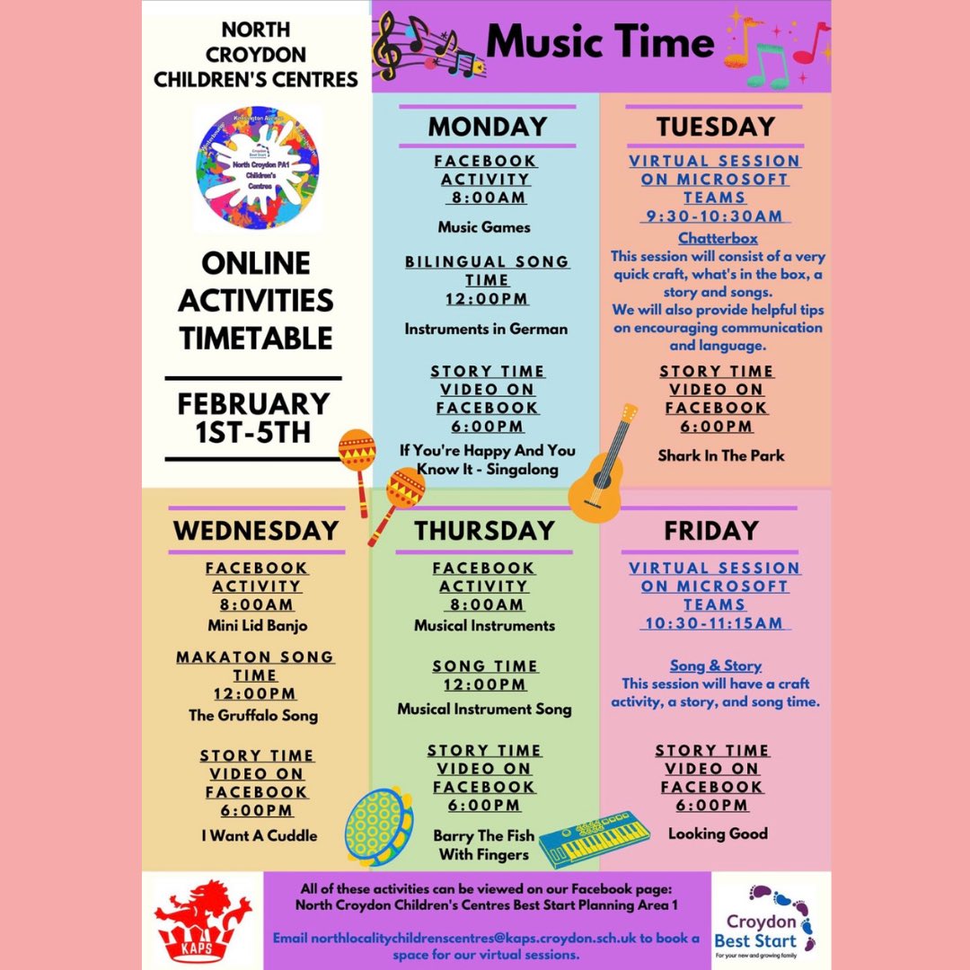 NorthCroydonCC's tweet photo. Here is our timetable due the 2nd week of our ‘music time’ theme. Head over to our Facebook page to see all of these activities and drop us an email if you’d like to attend a live virtual session.
.
.
#musictime #activitiesforchildren #freeactivities #singtogether #playtogether https://t.co/2Dzh1pWLei