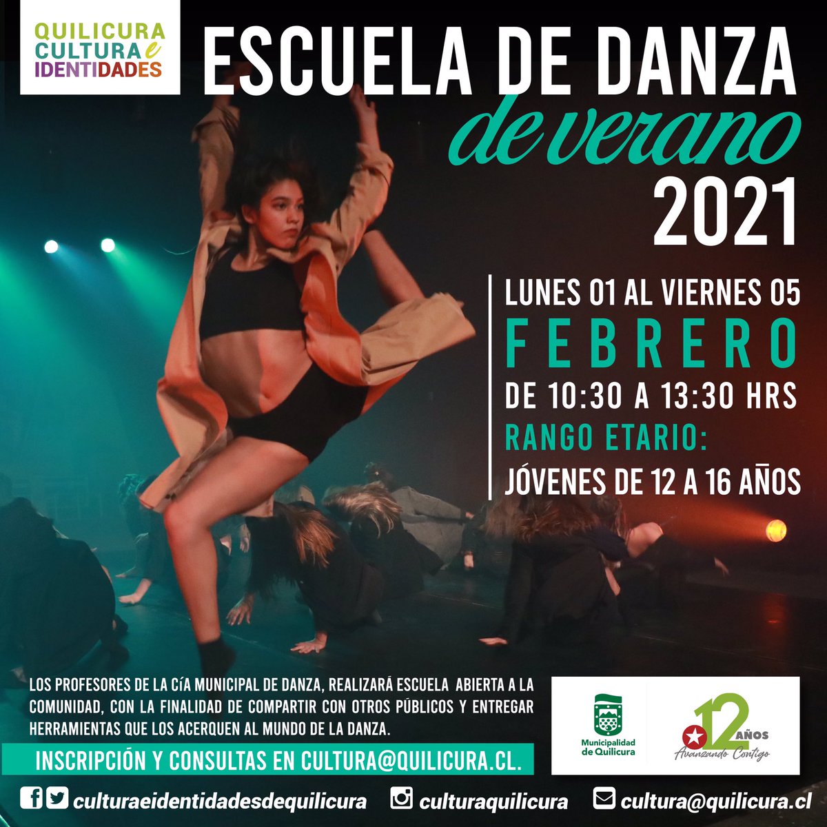 CULTURAQUILCURA's tweet photo. Atención vecinos y vecinas los invitamos a participar de nuestra Escuela de Danza de Verano 2021, las clases serán impartidas por los profesores y coreógrafos de la Compañía Municipal de Danza, desde el lunes 01 al viernes 05 de febrero, horarios de las 10:30 hasta las 13:30 hrs https://t.co/mOx8iRIkk1