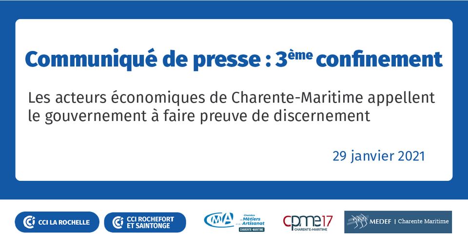#Reconfinement #Covid19 
"Il ne s'agit pas de remettre en cause les mesures sanitaires, il s'agit d'alerter le <a href="/gouvernementFR/">Gouvernement</a> sur la nécessité de prendre des décisions les plus justes possibles"
Lire le communiqué de presse : rochefort.cci.fr/actualite/conf…
<a href="/MEDEF_17/">MEDEF 17</a> @ccilarochelle