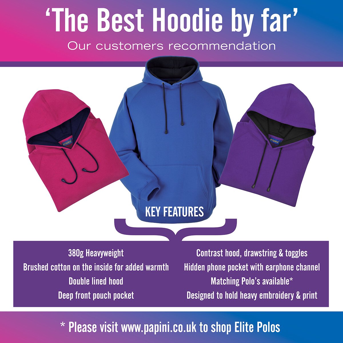 ‘Recommended choice for Hoodies’ our 380g heavyweight is the best hoodie by far, recommended by you our customer for comfort, quality and colour continuity. Make the best choice when buying your hoodies #besthoodie #recommended #heavyweight #colours #papini