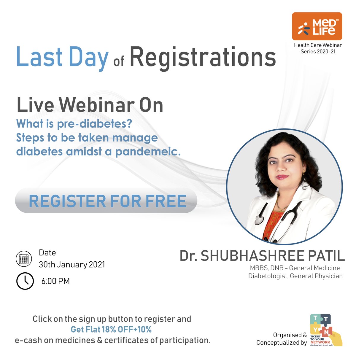 Watch Dr. Shubhashree Patil (MBBS, DNB - General Medicine, Diploma in Diabetology) explain care to be taken amidst a pandemic for diabetic patients. Last day for the registration for the #livewebinar on 30th January 2021: bit.ly/3ov5nGP #Medlife @connectwithttyn