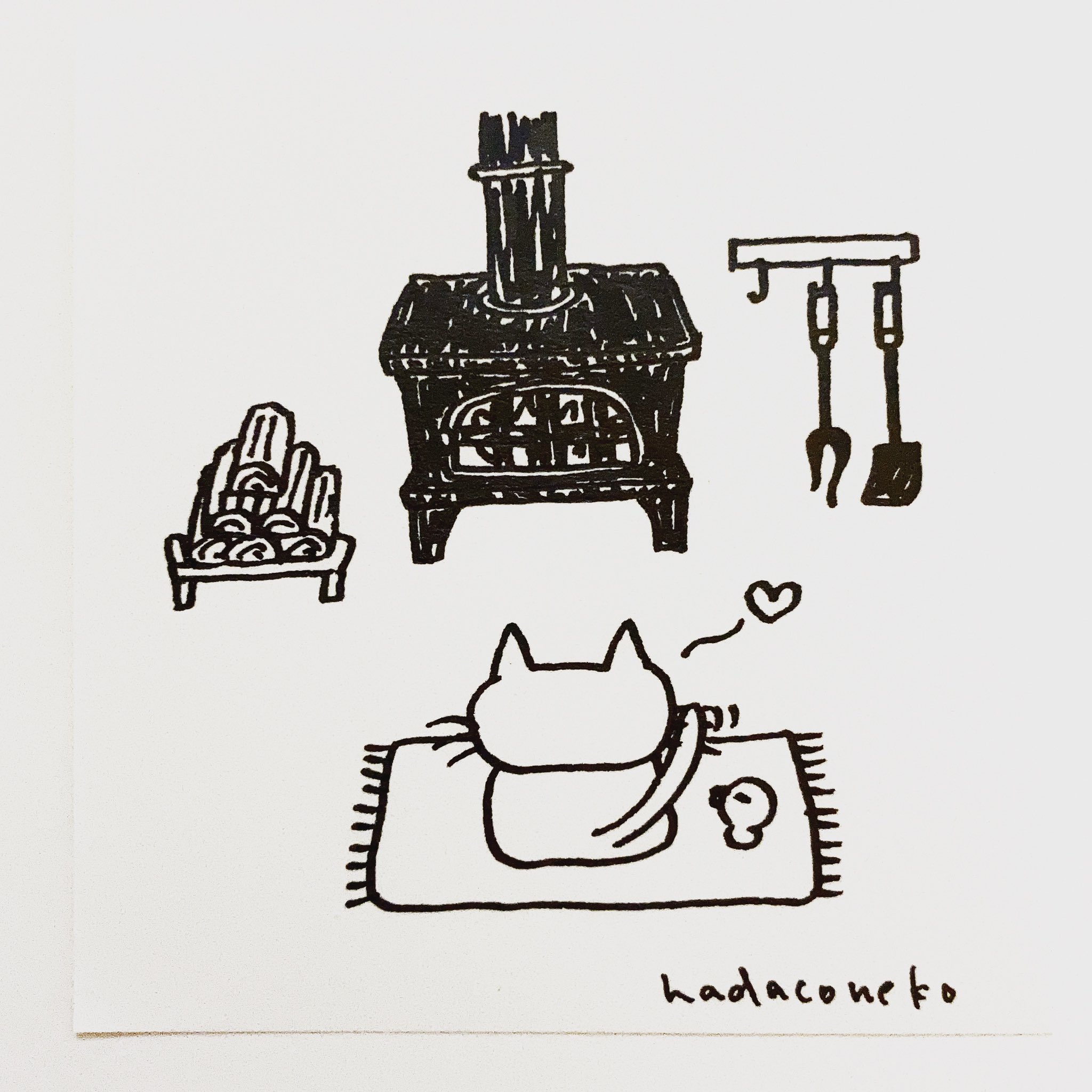 肌子 今日のイラストはコレ ｪ 薪ストーブの前で過ごす猫 イラスト 猫 ネコ ねこ オリジナル ペン画 アナログ画 絵 猫の絵 白黒猫 白猫
