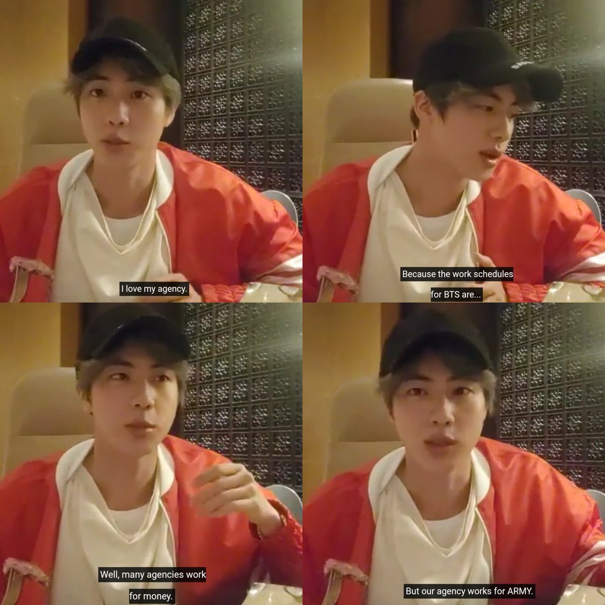 Let's start with seokjin saying this on one of his vlives. He really said other companies works for money (he knows what's up) and that he's proud of BH for working for armys