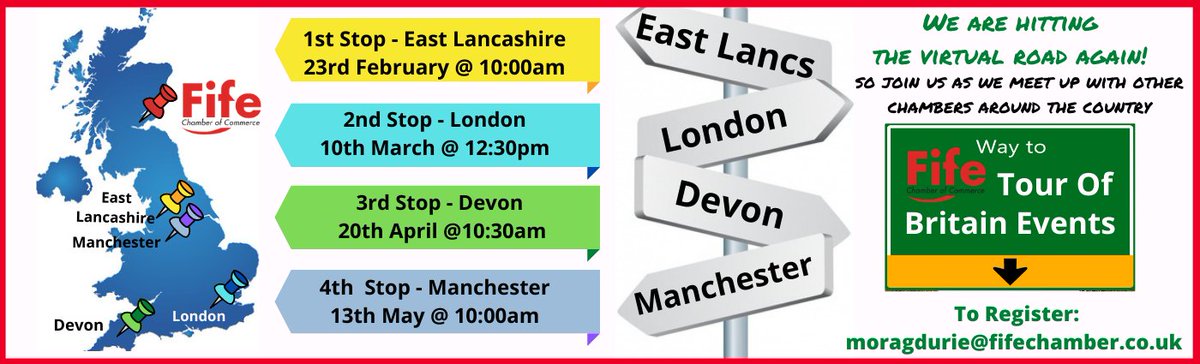 FifeChamber's tweet photo. #February is just around the corner and we are heading down the road on our virtual Tour of Britain!  First stop will be to @elancschamber on 23rd February.  So if you would like to expand your network leave a comment below.  #chamberconnection #growyournetwork #tourofbritain https://t.co/MqA0Fd3R4D