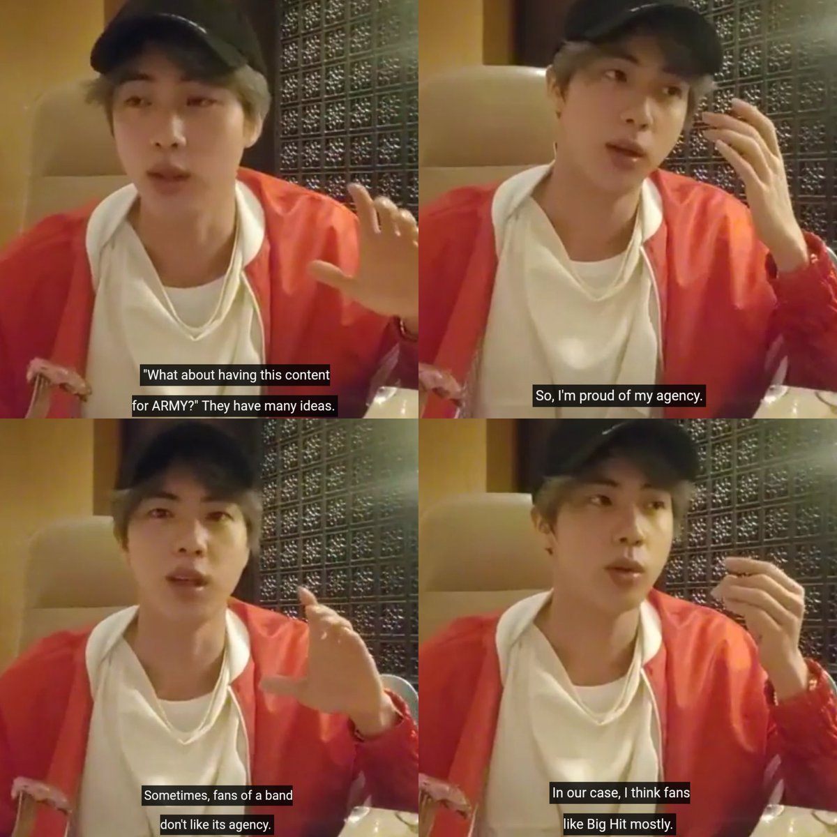 Let's start with seokjin saying this on one of his vlives. He really said other companies works for money (he knows what's up) and that he's proud of BH for working for armys