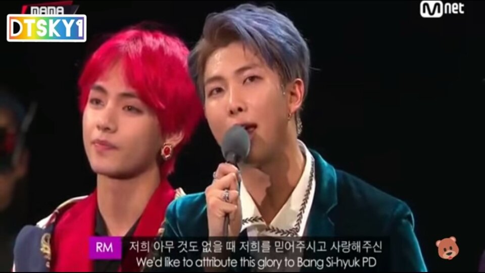 Namjoon thanking Bang pd during their MAMA 2018 speech "We got nothing when we were trainees. He supported us materially and emotionally...and believe in our potential."
