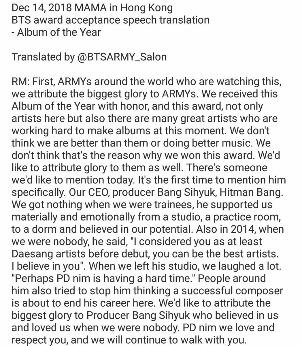 Namjoon thanking Bang pd during their MAMA 2018 speech "We got nothing when we were trainees. He supported us materially and emotionally...and believe in our potential."